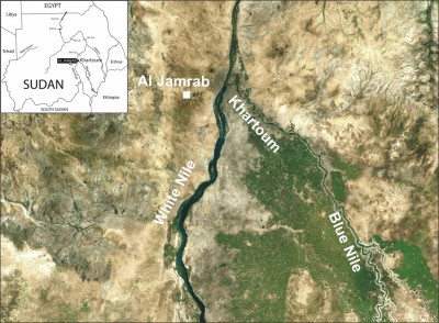Figure 1. Landsat satellite image indicating the position of Al Jamrab along Wadi Hamra; the insert represents the position of the area within Sudan.